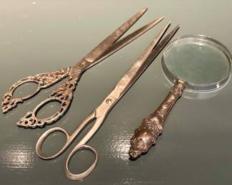 Silverplate Scissors & Sterling Handled Magnifying Glass