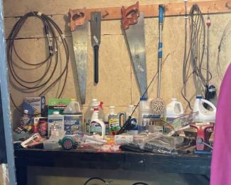 Side room in garage has a variety of tools, plant care items, and a lot more.
