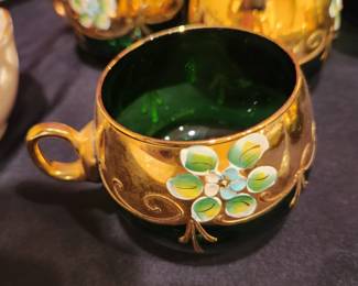 Vintage Bohemian Czech glass punch bowl set with gold gilt