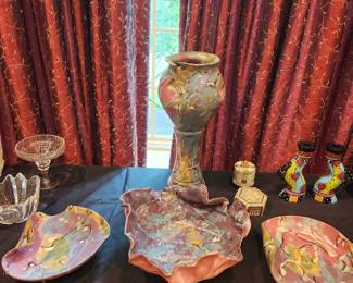 4 piece painted stoneware decor set (vase/urn, 1 bowl & 2 plates), purchased at Sugarloaf Festival