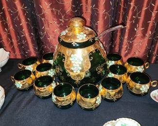 Vintage Bohemian Czech glass punch bowl set with gold gilt