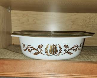 vintage Pyrex Golden Tulip casserole with lid
