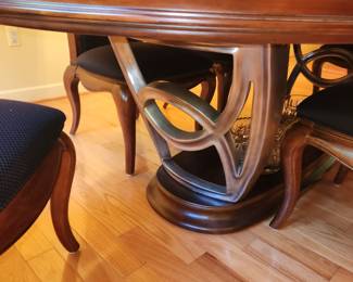 Dining table w/ 6 upholstered chairs, 2 leaves and pads.  By American Drew (purchased at Shofer's) Advocate Series. Table measures: 100" long (WITH one 20" inserted) x 50" wide. available for pre-sale. $600.00 for table w/ chairs