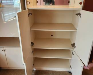 pair matching, lighted curio/storage cabinets.  VERY heavy.   EACH measures: 82" tall x 34" wide x 19 3/4" deep.  CABINETS ARE WIRED TOGETHER (one control for lighting)