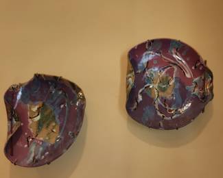 4 piece painted stoneware decor set (vase/urn, 1 bowl & 2 plates).  2 plates