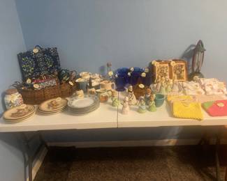 Dishes, Vera Bradley Wallets, Blue Glass Cups, Pot Holders, Pictures, Napkins, etc.