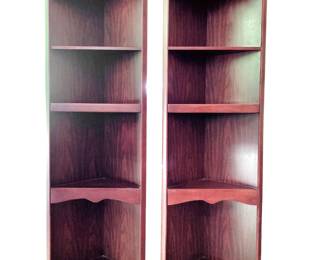 PAIR OF CORNER SHELVES - CHERRY FINISH - SHELL AND CARVED DETAIL - 6ft TALL