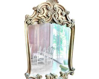 LARGE GOLD FINISH MIRROR - SCROLL & SHELL DETAIL - WOOD FRAME - 4.5ft TALL