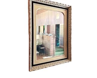 HOLLYWOOD REGENCY ART DECO MIRROR TRIMMED IN BLACK VELVET & GILTWOOD FRAME - LARGE & HEAVY