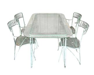 MID-CENTURY MODERN SALTERINI IRON "RIBBON SERIES" GLASS TOP TABLE AND CHAIRS - VINTAGE GREEN PAINT