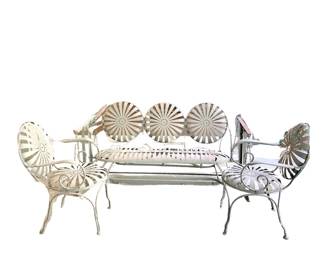 MID-CENTURY 50s VINTAGE FRANCOIS CARRE FRENCH OUTDOOR FURNITURE - METAL SWING BENCH AND TWO CHAIRS