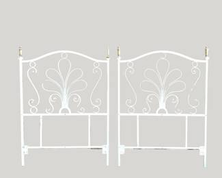 PAIR OF VINTAGE IRON TWIN HEADBOARDS WITH BRASS FINIALS - WHITE FRENCH COUNTRY