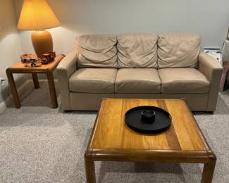 Lower Level:  Two separately priced blonde vintage LANE tables are near a 79" wide taupe leather sofa (see next photo).  The ceramic lamp and other items are also for sale.