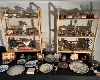 Lower Level:  Various sets of cups and saucers; BELLEEK; pewter; short sterling candlesticks; and other miscellaneous items are shown. 
