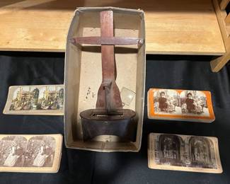 Lower Level: An antique stereoscope (as is) is priced separately from the set of 39 stereoscope picture cards.