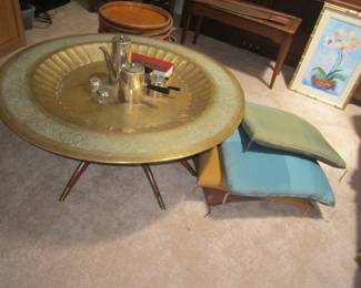 Nickel silver tea pots - large brass tray with stand