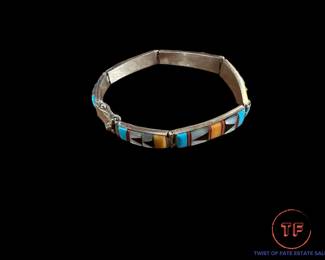Multi Stone Inlay Sterling SILVER Southwest Link Bracelet