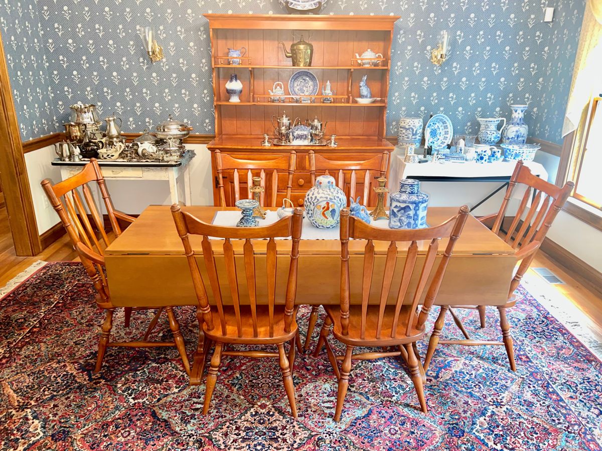 Cushman Colonial Vermont Maple Drop Leaf Trestle Farmhouse Harvest Dining Table, with 6 Cushman Chairs
