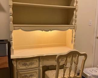 French Provencial Desk, Lighted Hutch and Chair 