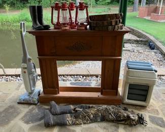 Fireplace surround, kerosene lanterns, automatic pet feeder, floor cleaner, youth waders