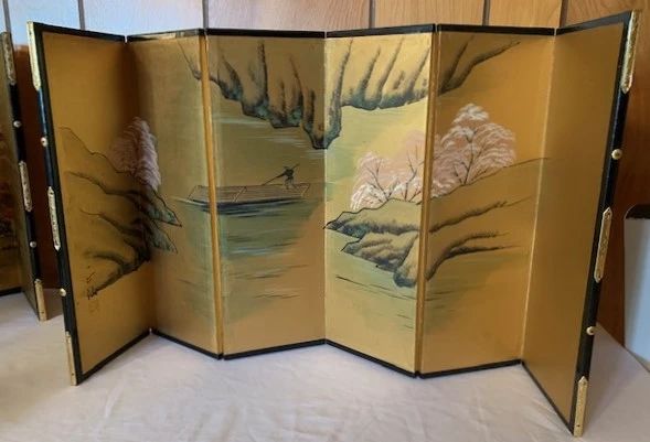 Small Gold Silk 6 Panel Japanese Screen - Signed