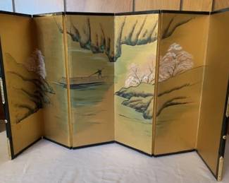 Small Gold Silk 6 Panel Japanese Screen - Signed