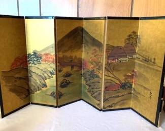 Small Gold Silk 6 Panel Japanese Screen - Signed