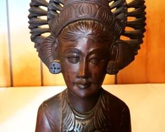 Vintage Bali Klungkung Wood Carved Female Warrior Goddess Bust - ca. 1950's
