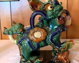 Chinese Sancal Glazed Terracotta Foo Dog