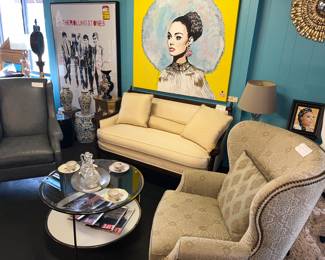 Lewis Mittman loveseat, Thomasville wingback chair, Hancock Moore leather chair