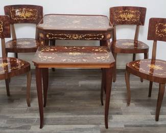 Lot # : 178 - Inlaid game table w/4 chairs & side table
