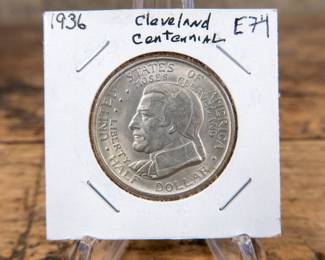 A 1936 50C Cleveland Centennial commemorative half-dollar. Excellent and clear coin details. Estimated UNC condition