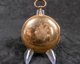An 18k gold pocket watch with an enameled face and Arabic numerals. Made by watchmaker Pehr Ramstedt of Stockholm Sweden. Circa 1780's. The back of the movement has a jeweled center and is engraved with the makers information as well as "No. 54". No key.
