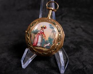An 18K gold pocket watch with an enamel face and both Roman and Arabic numerals, and an artistic enamel back. Made by watchmaker Jean Romilly circa 1780-1790. The face and back of the movement are both inscribed "Romilly A PARIS"