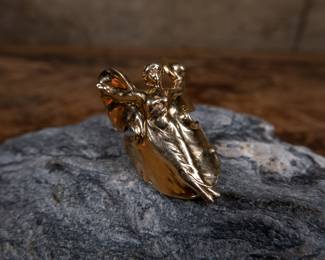 A 14k gold art nouveau ring depicting a winged lady, Loïe Fuller. The mold for the gold Art Nouveau ring is housed at the Maryhill Museum. Loïe Fuller (1863–1928) was a pioneer of modern dance and at the beginning of the 20th century, her influence impacted and inspired a new generation of dancers. Fuller’s circle of friends included artists, politicians, and European royalty, and it was she who convinced Sam Hill to turn his unfinished Maryhill mansion into a museum showcasing French fine art. The Loïe Fuller exhibition includes Art Nouveau posters, photographs, art glass and memorabilia from her 35-year career as a performer. Total weight 15.02 grams. Size 7.