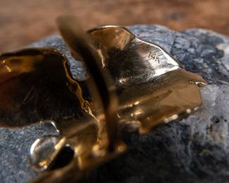 A 14k gold art nouveau ring depicting a winged lady, Loïe Fuller. The mold for the gold Art Nouveau ring is housed at the Maryhill Museum. Loïe Fuller (1863–1928) was a pioneer of modern dance and at the beginning of the 20th century, her influence impacted and inspired a new generation of dancers. Fuller’s circle of friends included artists, politicians, and European royalty, and it was she who convinced Sam Hill to turn his unfinished Maryhill mansion into a museum showcasing French fine art. The Loïe Fuller exhibition includes Art Nouveau posters, photographs, art glass and memorabilia from her 35-year career as a performer. Total weight 15.02 grams. Size 7.