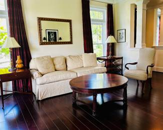 Two seat, rolled arm damask custom sofa