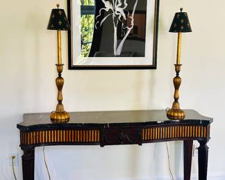 Marble topped Italian console, Maitland Smith buffet lamps