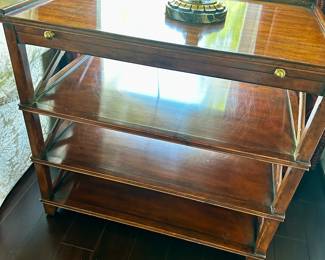 Rose Tarlow-style mahogany book stand with pull out leather topped shelf.