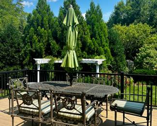 Wrought iron table and six chairs