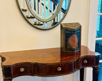 Maitland Smith console, Jeanne Reed knife box, and oval mirror