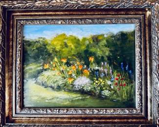 Myra Sobel, "Garden view". Oil on board
