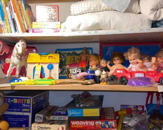 Variety of Vintage toys, dolls, games, books, vintage blankets