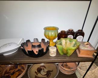 Old Bottles, Pottery Planter with Flower Frog, Decorative Wooden Boxes, Glass Bottles