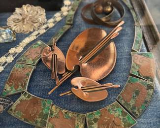 Copper artist Renoir Set, Inlayed Signed Vintage Mexico Silver Necklace