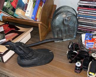 Crow Cast Iron Nut Cracker, Glass Elephant Blenko Bookends 