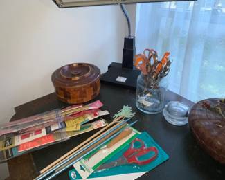 Desk Lamp, Scissors, Crochet and Knitting Needles 