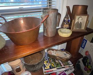 Copper Pots, Metal Pitchers, Vintage Airplane and Model Magazines, Popular Mechanics Magazines 