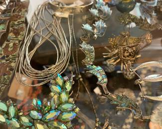 Abalone Silver Necklace Set, Filigree Silver Pins