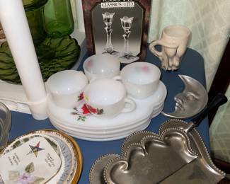 Snack Set (sold),  Crumb Set, Half Moon Trinket Dish (sold)